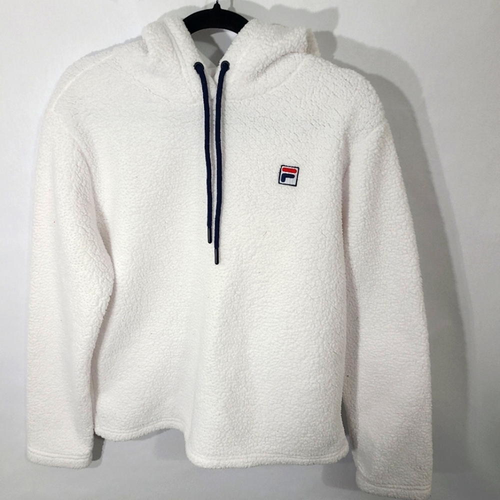 Fila Teddy Fleece Pullover Hoodie Sweater Size Medium Jacket White Fluffy Comfy